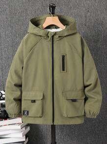 SHEIN Chaqueta con capucha informal y versátil de ajuste suelto con bolsillos utilitarios para niños preadolescentes, adecuada para ir al trabajo, la escuela, el uso diario casual, los deportes, primavera, verano, otoño e invierno - Verde militar - Ver 2
