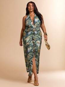 SHEIN BAE Plus Size Women's Summer Vacation Beach Holiday Butterfly Print Metallic Ruffles Decorated Low Cut Sexy Slit Maxi Halter Dresses - Green - View 3