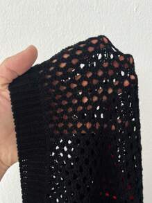 Whyspr Suéter de cuello redondo con estilo punk y calado para tallas grandes, top de punto casual de hombros caídos, suéter de punto para otoño, invierno y Halloween - Negro - Ver 3