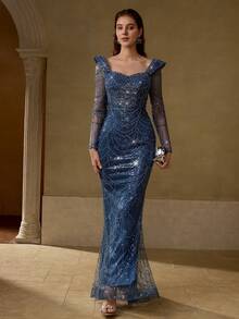 MOTF Soiréza SWEETHEART NECK CONTRAST SEQUIN FORMAL DRESS - Dusty Blue - View 4