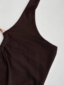 Sweetra Áo ba lỗ gợi cảm cổ điển có khóa kim loại cổ chữ V sâu - màu nâu - Xem 5