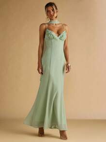 SHEIN BAE Spring And Summer Women's Solid Green Chiffon Exquisite Floral Pattern Hot Rhinestone Ribbon Decoration Elegant Maxi Dress, Vacation Dress ,Birthday Dress - Green - View 7