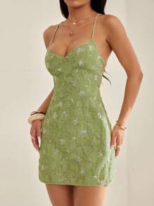 SHEIN PETITE Summer Women's Festival Outfits Backless Sequin Jacquard Green Resort Mini Dress,Mint Green Dress - Green - View 6