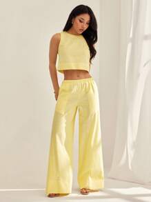 SHEIN PETITE Conjunto casual de 2 piezas para mujer, con top de cuello redondo color amarillo mantequilla sólido y pantalones - Amarillo - Ver 6