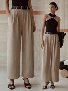 MOTF PREMIUM FOLD PLEATED SLANT POCKET PANTS WITH BELT - Khaki - View 3