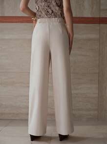 MOTF PREMIUM Pantalones anchos de pierna ancha con bolsillos sesgados plisados sólidos - Beis - Ver 5