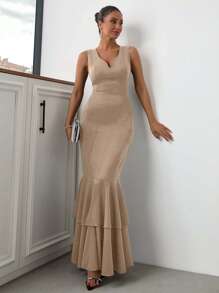 EURMUSE 优雅风格，超长美人鱼黑色连衣裙 - 米色 - 查看 3