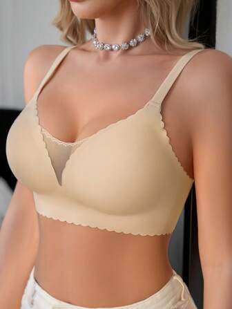 NudeFit 1pc Seamless Mesh Splicing Solid Color Wavy Edge Adjustable Wireless Removable Padded Bra For Women