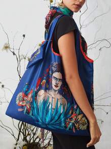 Frida Kahlo X SHEIN 1pc Flower & Butterfly Foldable RPET Reusable Shopping Bag For Gift - Navy Blue - View 10