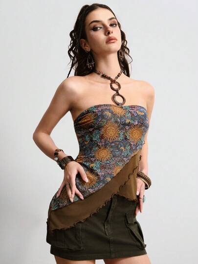 Hippie Top halter asimétrico con estampado de paisley, acabado con cuentas, en estilo retro bohemio para vacaciones, para mujer