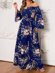 SHEIN VCAY 大码露肩花卉印花长袖超长连衣裙，度假风格