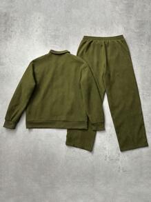 STYNVO Men's Contrast Striped Long Sleeve Zip-Up Casual Summer Jacket & Pants, Fall Clothes - Army Green - View 2