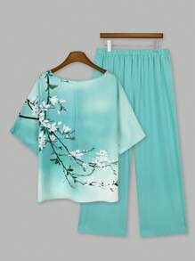 2pcs/Set Women Plus Size Ombre Floral Print Round Neck Short Sleeve Top And Wide Leg Pants