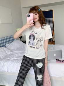 两件套青少年女孩灰色格子短裤和卡通狗印花短袖休闲舒适睡衣，夏季 - 灰色 - 查看 12