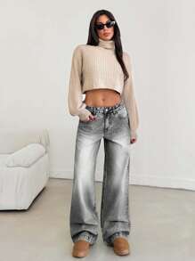 EURMUSE 女式口袋装饰低腰阔腿淡蓝色90年代风格牛仔裤