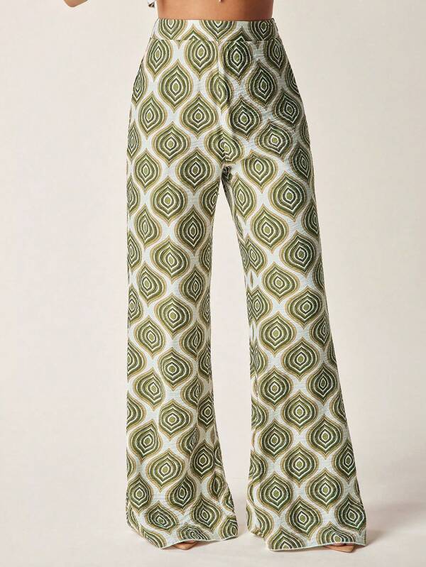 Vixey Pantaloni a zampa con stampa all-over, per vacanze, abiti estivi per donna, abbigliamento estivo da donna, outfit per brunch da donna, outfit da spiaggia da donna, outfit da vacanza al mare, pantaloni estivi