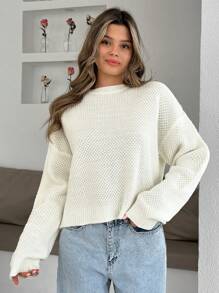 EURMUSE Women Solid Color Hollow Out Round Neck Drop Shoulder Pullover Knit Top,Jumper,Cream Jumper,Jumpers,Black Jumper,Womens Jumper,White Jumper,Women's Jumper,Women's Jumpers,Winter Clothes - Cream - View 4