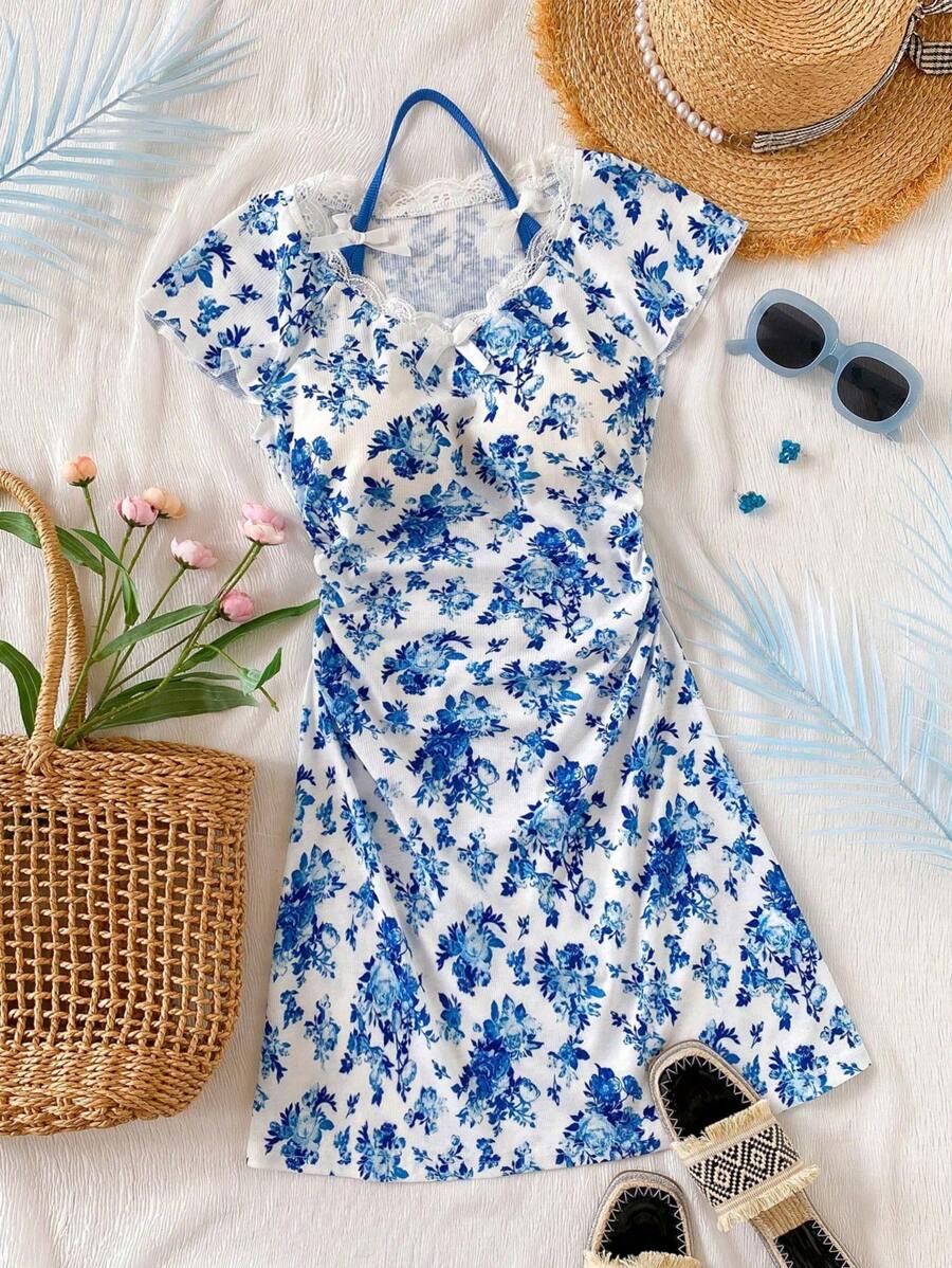 Tween Girls Sweet Floral Print Lace Trim V-Neck Dress - White - View 1