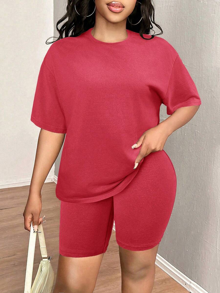 SHEIN SXY Bộ 2 món áo phông và quần short thường ngày mùa hè cỡ lớn - Đỏ - Xem 1