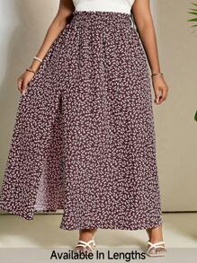 SHEIN PETITE CURVE 大码女式碎花松紧腰侧开衩休闲 A 字裙 - 酒紅色 - 查看 4