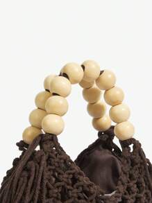 SHEIN SXY Women's Fashion Summer Vacation Woven Crochet Wooden Bead Handheld Tote Bag , Crochet - Coffee Brown - View 5