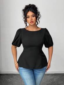 Elenzga Plus Size Women Solid Color Bow Tie Open Back Casual Short Sleeve Blouse, Summer