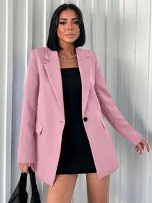 RueChic Women's Turn-down Collar Single-breasted Blazer Jacket - Hot Pink - View 5