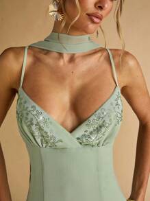 SHEIN BAE Spring And Summer Women's Solid Green Chiffon Exquisite Floral Pattern Hot Rhinestone Ribbon Decoration Elegant Maxi Dress, Vacation Dress ,Birthday Dress - Green - View 8