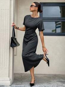 Siren Gaze New Commuter Striped Dress For Women, Waisted A-Line Casual Commuter Wear, Elegant And Exquisite Commuter Long Skirt, Old Money Style Wear,Stockholm Style ,Fall Women Clothes Party Black Summer - Black - View 7