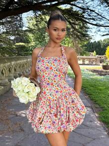 Glamine Vestido mini de patinadora con estampado floral y cuello envolvente, vestido línea A romántico, vestidos de verano para mujer, atuendos de vacaciones para mujer, vestidos elegantes para fiesta, vestidos de sol para mujer