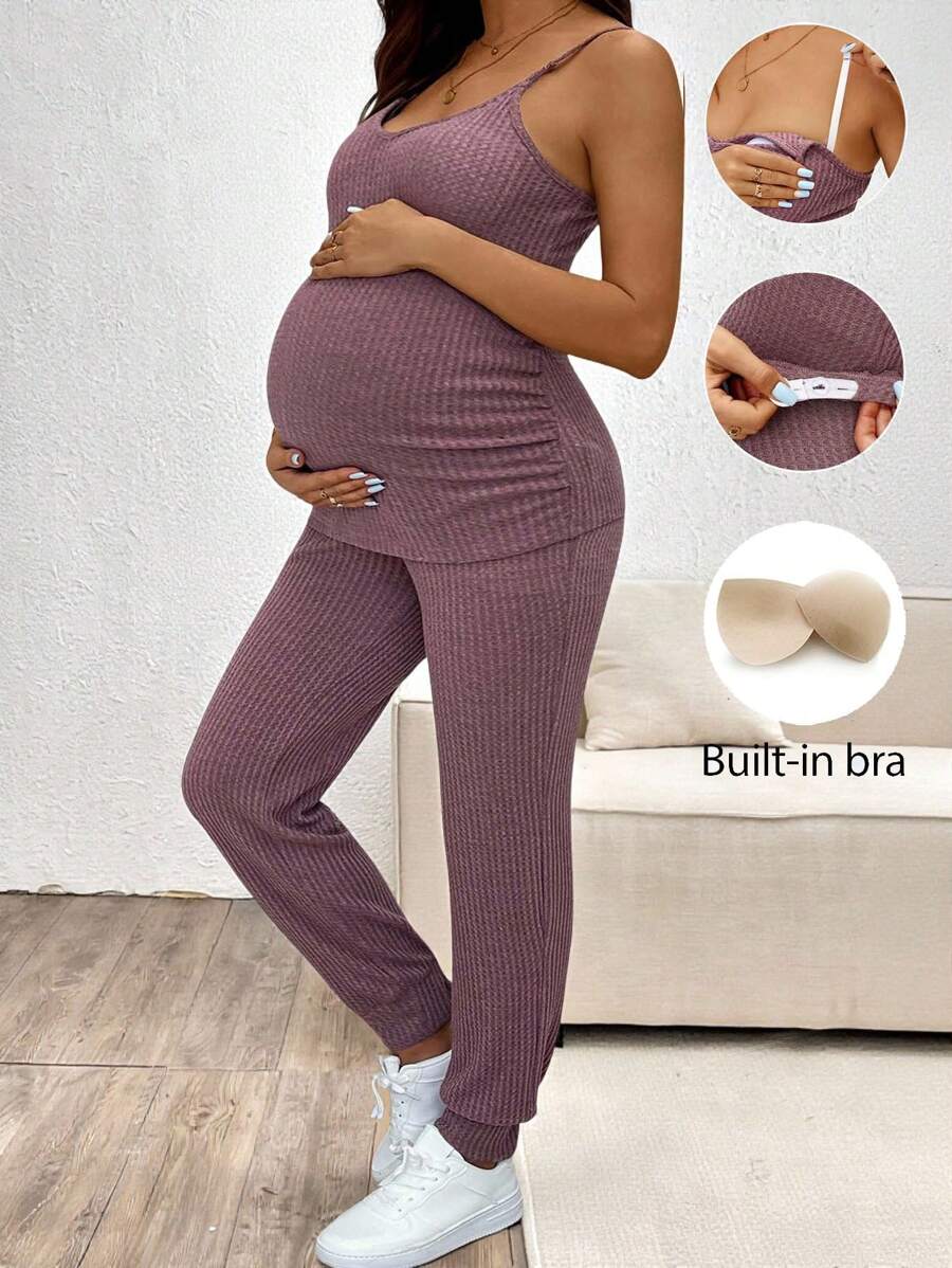 SHEIN Maternity 2pcs/Set Nursing Clothes For Pregnant Women, Solid Color Camisole Top And Long Pants Vacation Outfits