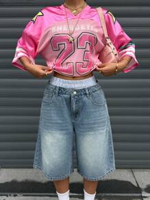 SHEIN Nastolatki Dziewczęta Niebieskie I Białe Paski Podwójny Pas Spliced Pas Projekt Niebieskie Dżinsy Luźne Szorty, Wiosna I Lato Swobodne Wakacje Wiejski Boho Noszenie