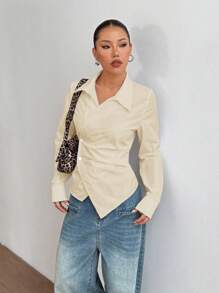 Flirla Damen Lässig vielseitige Kreuzüberschlag Krawattenhalskragen geschnürte Taille Langarm Bluse