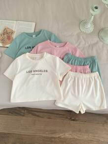 SHEIN Conjunto de 6 peças para bebê menina verão casual malha letras gráficas camiseta manga curta e shorts com cintura elástica - Multicolorido - Ver 7