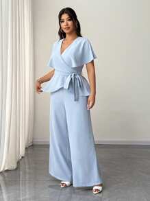 Elenzga Ensemble 2 pièces pour femmes grandes tailles, chemise élégante et décontractée de bureau simple avec col en V, manches à volants et taille cintrée, et pantalon à jambes larges avec taille élastique - Bleu azur - Voir 3