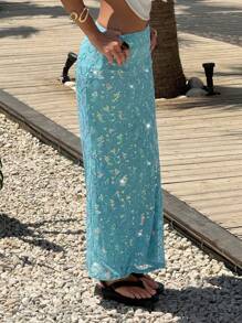 MainGRL 女装休闲优雅度假沙滩海边亮片刺绣风蓝色亮片装饰鱼尾下摆美人鱼裙 - 藍色 - 查看 3