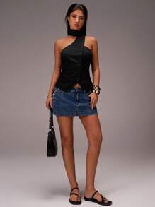 Forever 21 Áo hở lưng cổ yếm cài nút phía trước màu trơn cho nữ, mùa hè - màu đen - Xem 3