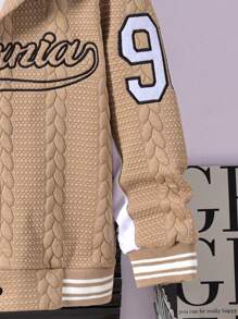 SHEIN Áo khoác bóng chày có mũ trùm đầu họa tiết cho bé trai tuổi mới lớn, đồ thể thao mặc ngoài thường ngày cho mùa thu/đông - Màu Khaki - Xem 7