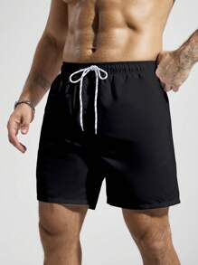 Surfspeed Men's Solid Color Pocket Drawstring Waist Beach Shorts, Suitable For Summer Swimming Shorts For Men - Black - View 5
