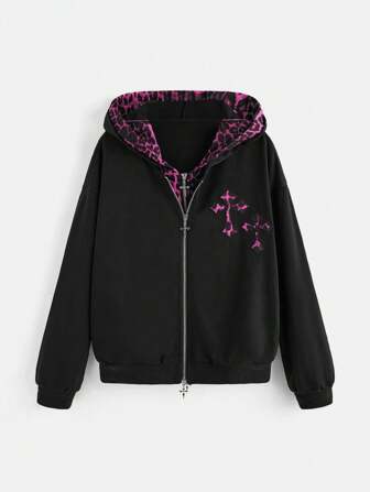 Goth Cross & Leopard Print Splicing Effect Hoodie Graduation,Back To School Outfits,Graduation,Teacher Outfits For Women,Back To School