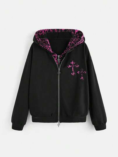 Goth sweat-shirt à capuche effet de raccord croix et imprimé léopard