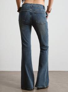 ROMWE Hippie Women Floral Embroidered Bell Bottom Casual Denim Jeans - Dark Wash - View 7