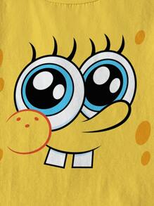 SpongeBob SquarePants | SHEIN 年轻女孩宽松圆领短袖黄色夏季舒适休闲卡通趣味图案T恤 - 白色 - 查看 4