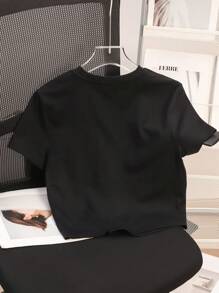 Attitoon 休闲简约图案圆领短袖短款修身女式T恤，适合夏季，带真钻 - 黑色 - 查看 2