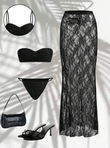 Swim Oasis 3pcs/Set Removable Simple Lace Bandeau Swimsuit Set, Elegant Outfit For Summer Beach Vacation - Black - View 2