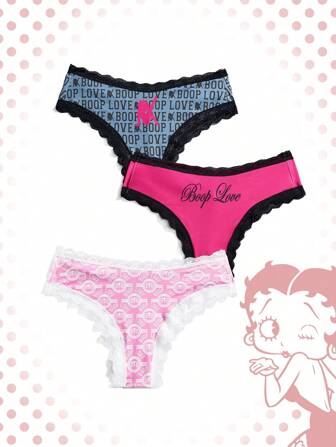 Betty Boop | ROMWE 3pcs/Set Letter Graphic Contrast Lace Hollow-Out Women Thong Underwear