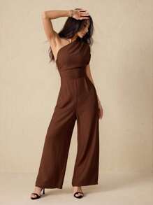 SHEIN PETITE Combinaison sans manches en lin texturé de couleur brune avec design asymétrique. Nouveauté printemps/été 2025, idéale pour les festivals de musique, Pâques, la Saint-Patrick, le style occidental, nomade, les fêtes d'anniversaire, la remise des diplômes, le style campus, les tenues quotidiennes décontractées, les vacances, les croisières, la plage, les bains de soleil, les virales et le style de rue. - Tabac - Voir 3