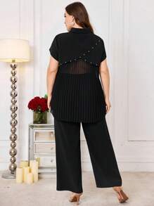 Modelyn 2pcs/Set Plus Size Women's Solid Color Short Sleeve Casual Set - Black - View 2