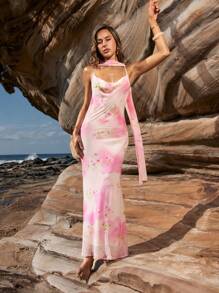 Opulessa Vestido estampado sin espalda tejido para mujeres - Rosa - Ver 4