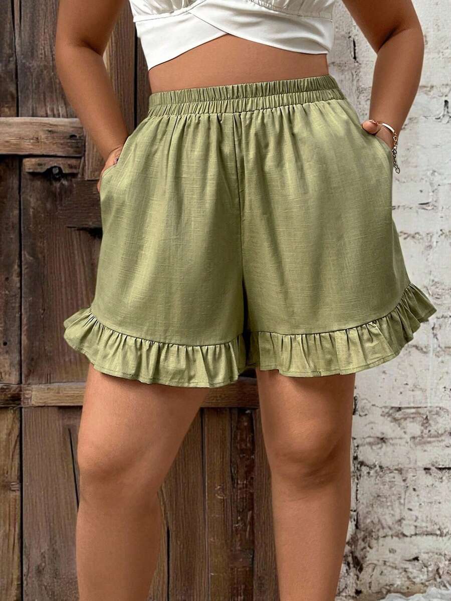 INAWLY Quần short cạp chun màu trơn cỡ lớn có viền xếp nếp, túi xéo, mùa hè - màu xanh lá - Xem 1